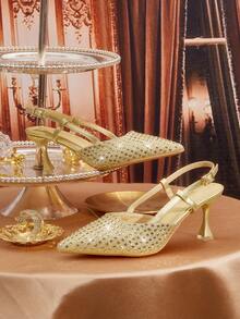 CUCCOO TILAWA Rhinestone Embellished Women's High Heel Pumps, Comfortable For Commuting For Christmas - Gold - View 7