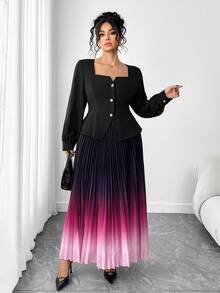 SHEIN Elenzya Conjunto elegante de 2 piezas de talla grande para mujer con blusa de manga larga con bajo de paraguas en cuello en V y redondo en color negro y falda maxi degradada en morado, para otoño/invierno - Morado - Ver 1