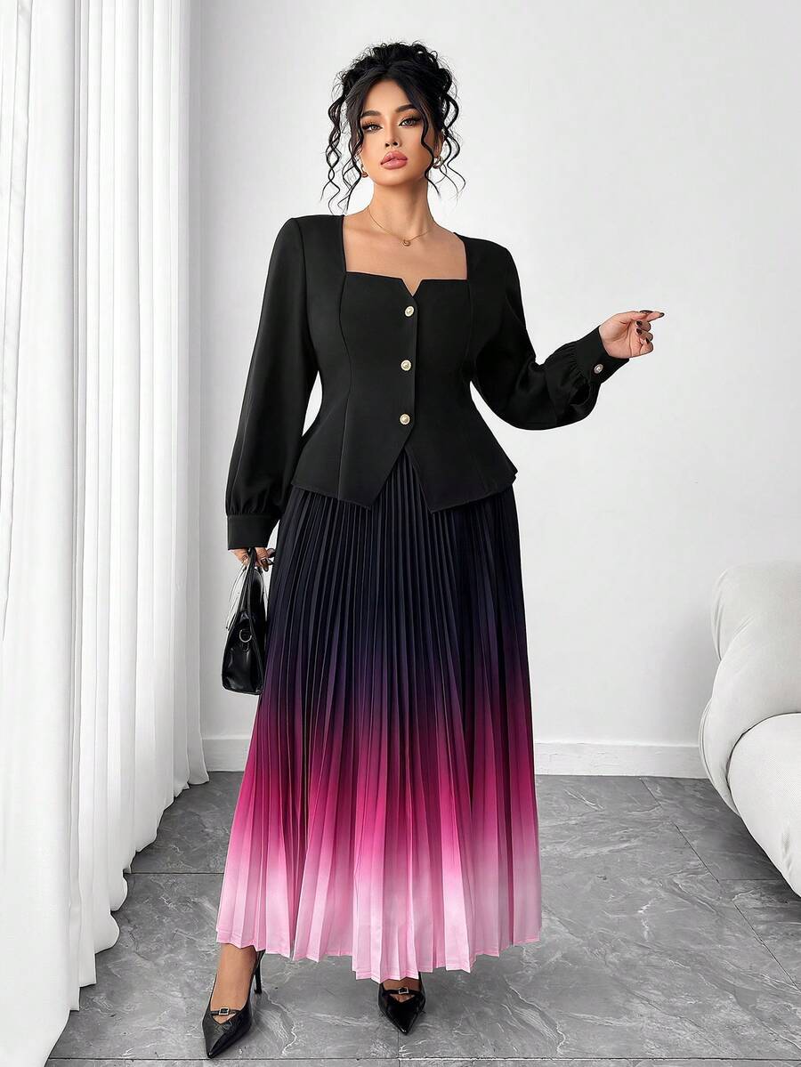 SHEIN Elenzya Conjunto elegante de 2 piezas de talla grande para mujer con blusa de manga larga con bajo de paraguas en cuello en V y redondo en color negro y falda maxi degradada en morado, para otoño/invierno - Morado - Ver 1