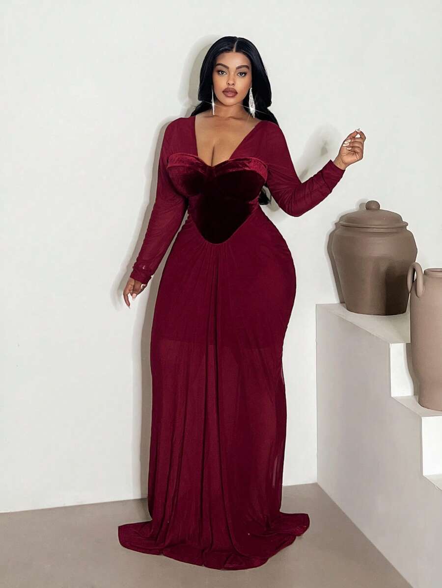 Maweii Damen Samtkleid in Große Größen mit langen Ärmeln, geeignet für Ball, Date, Party, tailliert, bodenlang - Bordeaux - Übersicht 1