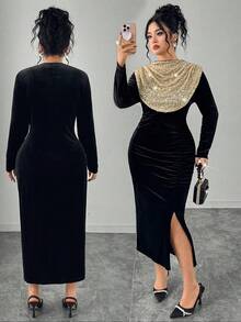 Modelyn Elegantes Partykleid für Damen in Große Größen mit Rüschenkragen, Samt- und Pailletten-Patchwork - Schwarz - Übersicht 1