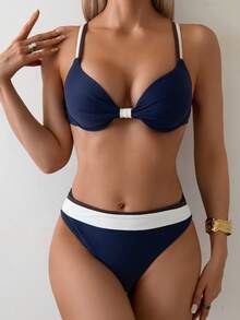 Swim Vcay Bộ đồ bơi bikini nâng ngực thời trang mùa hè cho nữ 2 món/bộ - Màu xanh hải quân - Xem 3