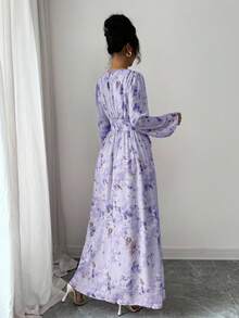Modelyn Women's Summer Chiffon Butterfly Print Ruched Round Neck Long Sleeve Dress Lavender Dress Women Lilac Dress Long Sleeve Purple Dress Purple Floral Dress Women Purple Butterfly Dress - Purple - View 2