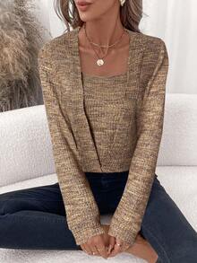 SHEIN Clasi Women's Elegant Pink Waffle Pattern Square Neck Sports Pullover Sweatshirt In Fall/Winter Women Long Sleeve Top - Brown - View 6