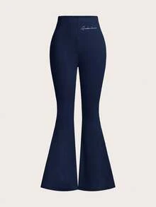 SHEIN EZwear 3 件套女式 Audacious English Graphic 高腰紧身喇叭裤紧身衣套装，适合春、夏、秋季 - 彩色 - 查看 6