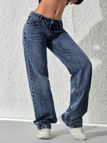 SHEIN ICON 女式休闲水洗低腰直筒牛仔裤 - 藍色 - 查看 6