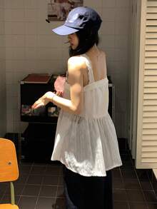 DAZY 女士夏季纹理花卉刺绣印花宽松休闲吊带衬衫度假装 - 白色 - 查看 5