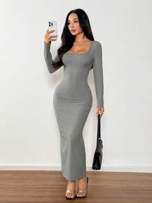 SHEIN PETITE Vestido negro de manga larga, cuello cuadrado y ajustado, para usar en otoño - Gris - Ver 5