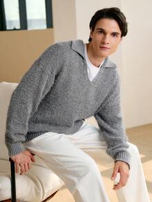 RONVEXI Suéter masculino de lã quente de cor sólida e manga comprida, moderno para outono/inverno - Cinza - Ver 3