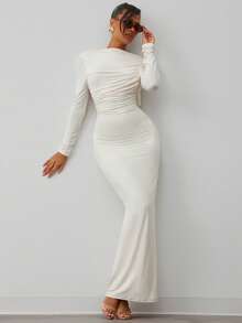 Hauture 低调端庄拉绒双层第二层皮肤高领褶饰长袖露背连衣裙 - 杏色 - 查看 2