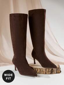 SHUZIA Women's Wide-Calf Fashionable & Comfortable Point Toe Side Zipper Kitten Heel Mid-Calf Boots For Christmas - Brown - View 5