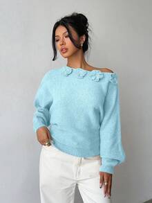 Selianne Women's Elegant Floral Rhinestone Decor Asymmetric Shoulder Solid Color Sweater - Baby Blue - View 7