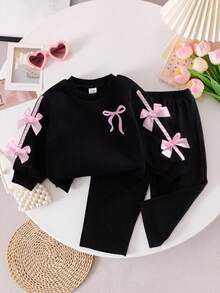 SHEIN Baby Girls Black Bow Graphic Drop Shoulder Long Sleeve Sweatshirt And Pants Co-Ords Polyester Everyday Casual Set