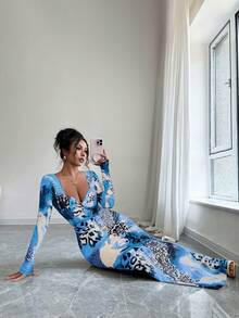 Rafferiza 优雅合身豹纹鱼尾连衣裙，正面扭纹细节，长袖 - 彩色 - 查看 6