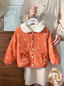 Vintaside Kids 女童提花蝴蝶结保暖长袖外套，保暖面料搭配时尚元素，适合外穿、日常休闲穿着，百搭实用，冬季必备，冬装外套，时尚夹克，适合4-7岁儿童。 - 棕色 - 查看 3