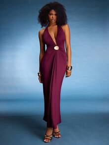 Normani 女士酒红色纯色针织露背连衣裙，金属桶形褶皱伞裙摆长款连衣裙，优雅连衣裙，适合节日、婚礼、生日、毕业季等场合，紧身连衣裙，女士秋季连衣裙，圣诞节服装，万圣节服装，约会之夜服装，婚礼宾客礼服，优雅婚礼宾客礼服，适合秋冬季节 - 酒紅色 - 查看 3