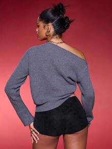 Normani Loose Fit Asymmetric Off The Shoulder Long Sleeve Ruched Rib Knit Top Classy Night Out Fall Autumn Sexy Cute Coolgirl Streetwear Dawn - Grey - View 2