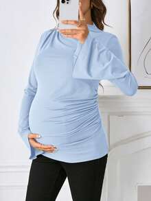 SHEIN Maternity Casual Stand Collar Bell Sleeve T-Shirt, Brown, Fitted Pregnancy Top Nursing Top Maternity Tops Baby Blue Top Women Baby Blue Tops Blue Long Sleeve Top - Baby Blue - View 5