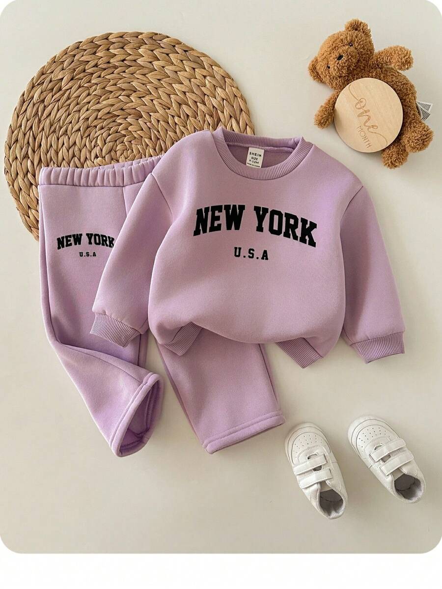 SHEIN 2 Stücke Baby Mädchen Oversized Buchstaben-Muster Rundhals Sweatshirt und Hose Set, lässiger Outfit für Outdoor und Zuhause, Baby Mädchen Sweat Set, Baby 2-teiliges Set, Baby lässige Sets, 2-teilige Sets, Baby Mädchen Trainingsanzug Herbst Winter - Mauve - Übersicht 1