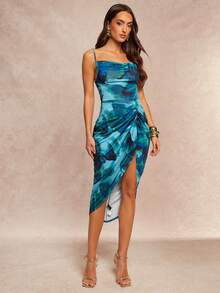 Silquee Váy midi ôm sát xếp ly in họa tiết nhuộm loang dành cho nữ - Nhiều màu - Xem 5