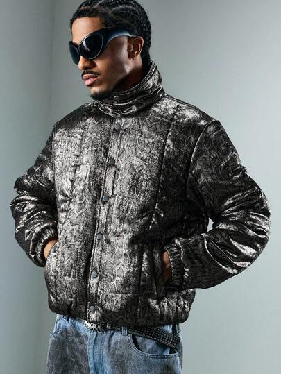 Street Life Cappotto imbottito da uomo con collo alla coreana, maniche a goccia e manica lunga, con motivo a pelle di serpente alla moda e caldo, adatto per l'inverno