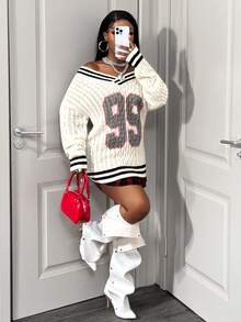 BamGleam Women's V-Neck Printed Casual Knit Sweater, Autumn/Winter