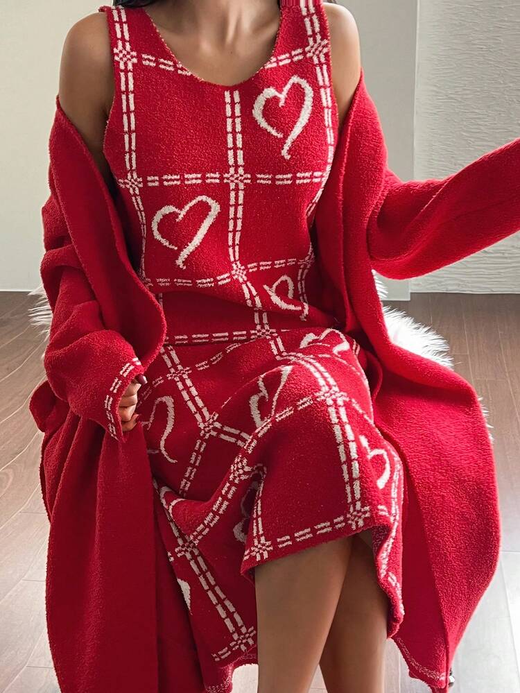 2pcs/Set Women Loose Knit Robe & All Over Print Nightgown Sleepwear Pajama Clothes Set, Autumn/Winter