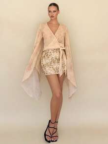 Rafferiza Sexy Printed Sequin Patchwork Long Sleeve A-Line Bodycon Dress - Apricot - View 5