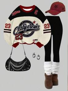 Slaydiva 2pcs/Set Casual Loose Crew Neck Sweatshirt And Skinny Leggings Pants