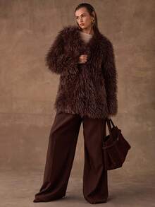 SHEIN BAE Autumn/Winter Fashion Luxurious Brown Solid-Color Faux Fur Coat Commuter Style Fall/Winter Collection Warm Fur Coat For Autumn/Winter Glamorous Fur Coat Perfect For Party Outfits Birthday Party Coat Gathering Fur Coat - Purple - View 6