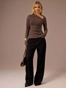 SHEIN BAE 女式纯棕色不对称长袖针织毛衣，保暖内衬厚上衣，基本款秋冬套头衫，不对称领口 - 棕色 - 查看 1