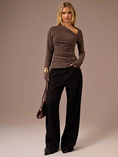 SHEIN BAE Women's Solid Brown Asymmetric Long Sleeve Knit Sweater, Thermal Lined Thick Top, Basic Autumn/Winter Pullover, Asymmetric Neckline, Winter ,Autumn Winter Women,Party ,Elegant,Brown Casual Long-Sleeved, Warm Base Layer With Asymmetrical Collar