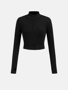 SHEIN 少女休闲针织纯色保暖内衬罗纹拉链领上衣和喇叭裤套装，秋冬季基础叠穿单品，黑色两件套 - 黑色 - 查看 9