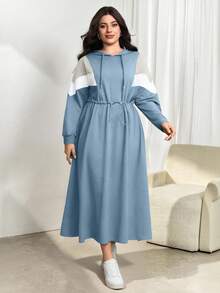 Modelyn 大码女式长袖连帽拼色束腰休闲运动衫连衣裙，秋冬 - 藍色 - 查看 4