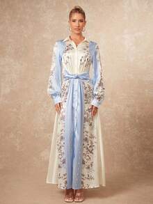 Lumalex 优雅高端时尚迷人缎面提花花卉修身翻领前扣腰A字长袖超长连衣裙，适合女士，秋季 - 杏色 - 查看 4