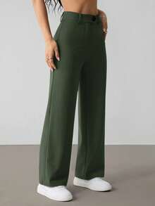 SHEIN PETITE Quần ống suông dáng suông đơn sắc cài nút eo cho nữ - xanh quân đội - Xem 6