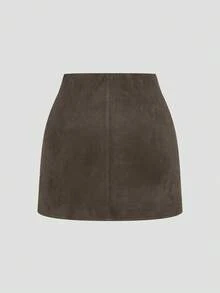 Sweetra Plus Size Suede Pleated Asymmetric Zipper Decor Minimalist Commuter Short Skirt, Brown, Autumn/Winter - Brown - View 2