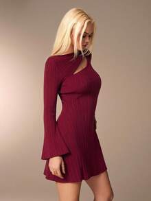 Avantive Women's Elegant Commuter Solid Color Hollow Out Flare Sleeve Knit Dress