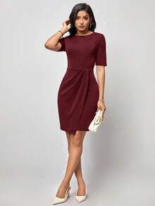 Editum Women's Solid Color Round Neck Short Sleeve Ruched Asymmetric Hem Elegant Dress - Dark Red - View 6