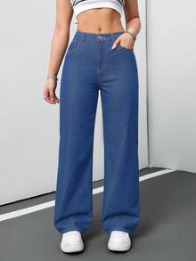 SHEIN Tall 女士牛仔裤休闲宽松直筒裤蓝色高腰女士牛仔裤牛仔裤女士低腰牛仔裤宽松牛仔裤 - 中等水洗藍 - 查看 4