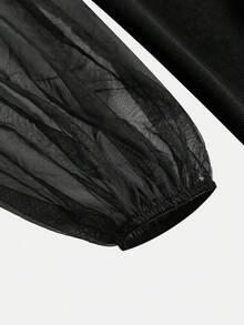 Girlism 少女网眼拼布蝴蝶结领长袖优雅连衣裙 - 黑色 - 查看 4