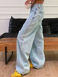 Dazy Tall 女式高腰豹纹宽松休闲街头风牛仔裤 - 藍色 - 查看 2