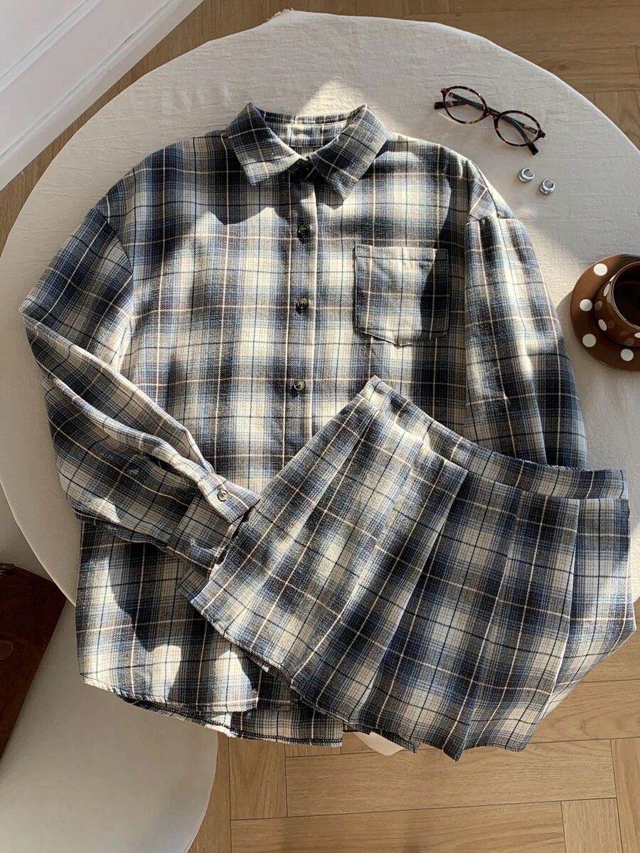 Comfortcana Plus Size Plaid Shirt And Skirt 2 Pieces Set, Casual For Spring/Summer - Multicolor - View 1