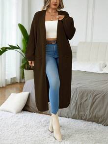 Elenzga Áo khoác cardigan màu trơn thường ngày cỡ lớn có hai túi, mùa thu/đông - màu nâu - Xem 7