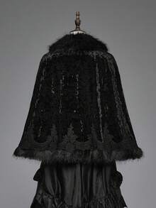 ROMWE Goth 复古宫廷拼布人造毛领钻石天鹅绒蕾丝边哥特式斗篷 - 黑色 - 查看 9