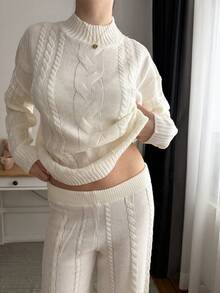 SHEIN EZwear Bộ đồ nữ đơn giản gồm áo dài tay cổ tròn màu trơn và quần dài, thích hợp cho mùa thu/đông. - trắng - Xem 5