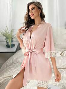 1pcWomen's Black New Long Sleeve Casual Comfortable Breathable Sexy Tie Home Bathrobe,Four Seasons Home Bathrobe,Summer Bathrobe,Autumn Bathrobe,Winter Bathrobe - Pink - View 5