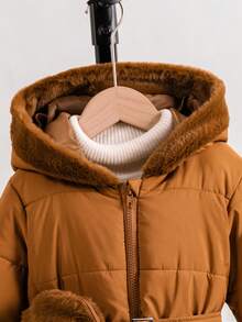 Elladie kids Áo khoác chần bông dài vừa phải có mũ trùm đầu, đệm, có thắt eo và túi cho bé gái, phù hợp mặc thường ngày, ngoài trời, mùa thu/đông - màu nâu - Xem 7