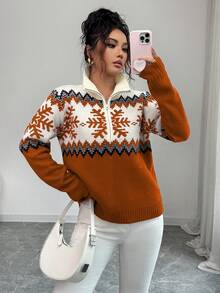 SHEIN Elenzya 优雅女士费尔岛图案拼色拉链毛衣，圣诞节设计，秋冬 - 鏽棕色 - 查看 3