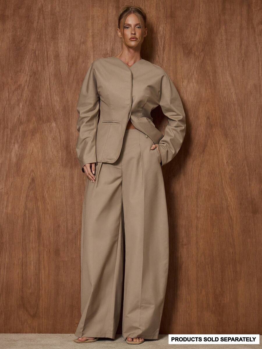 MUSERA Extreme Wide Leg Pleated Suit Co-Ord Trousers Only Cute Date Night Going Out  Night Out Work Office Clean Cut  Party Elegant Valentines Day Spring - Khaki - View 1